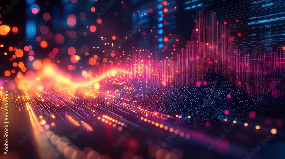 Poster vibrant digital background showcasing dynamic light patterns and colorful waves, ideal for technolog