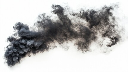 Dense black smoke curls and swirls elegantly, rising against a pure white backdrop, creating striking contrasts and showcasing its intricate, textured details.