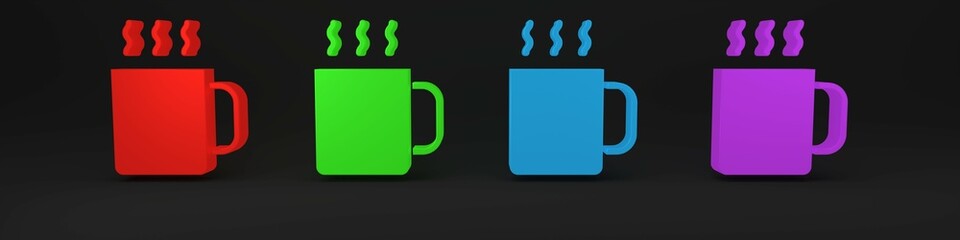 Colorful Cup of tea icon isolated on black background. Minimalism concept. 3D render illustration