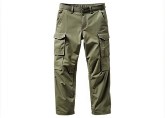 Durable khaki green cargo pants with spacious pockets and adjustable hem facilitate comfort and versatility for both work and casual activities.