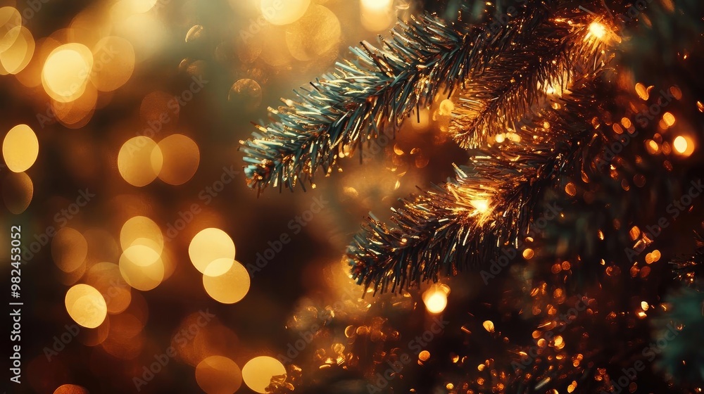 Poster close-up view of a christmas tree branch adorned with warm, glowing lights, creating a festive ambia