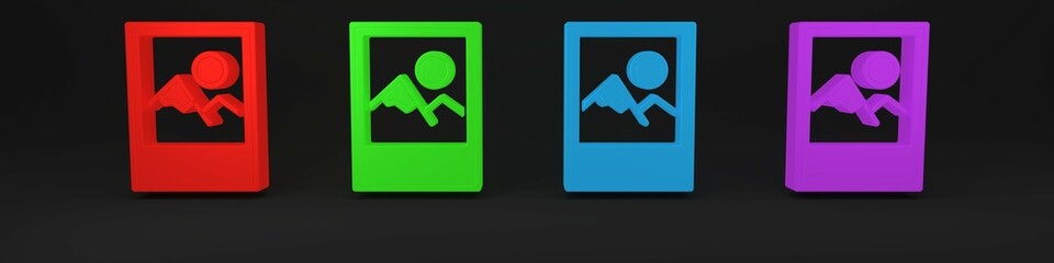 Colorful Photo frame icon isolated on black background. Vintage empty photos frame. Minimalism concept. 3D render illustration