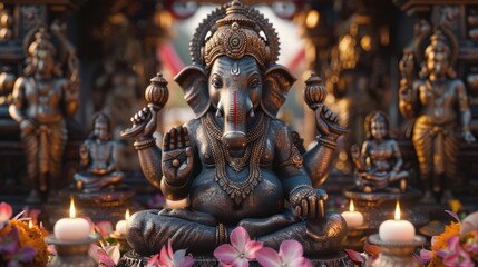 Obraz premium A divine celebration of Ganesh amidst vibrant flowers and glowing candles at a spiritual festival. Generative AI