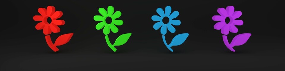 Colorful Flower icon isolated on black background. Sweet natural food. Minimalism concept. 3D render illustration