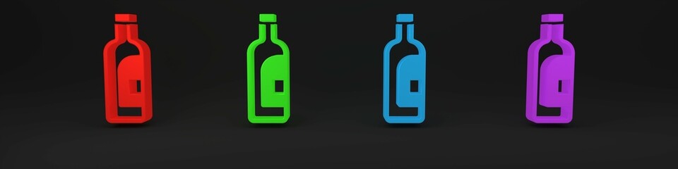 Colorful Bottle of wine icon isolated on black background. Minimalism concept. 3D render illustration
