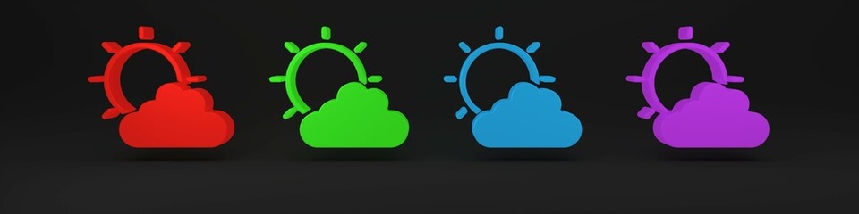 Colorful Sun and cloud weather icon isolated on black background. Minimalism concept. 3D render illustration