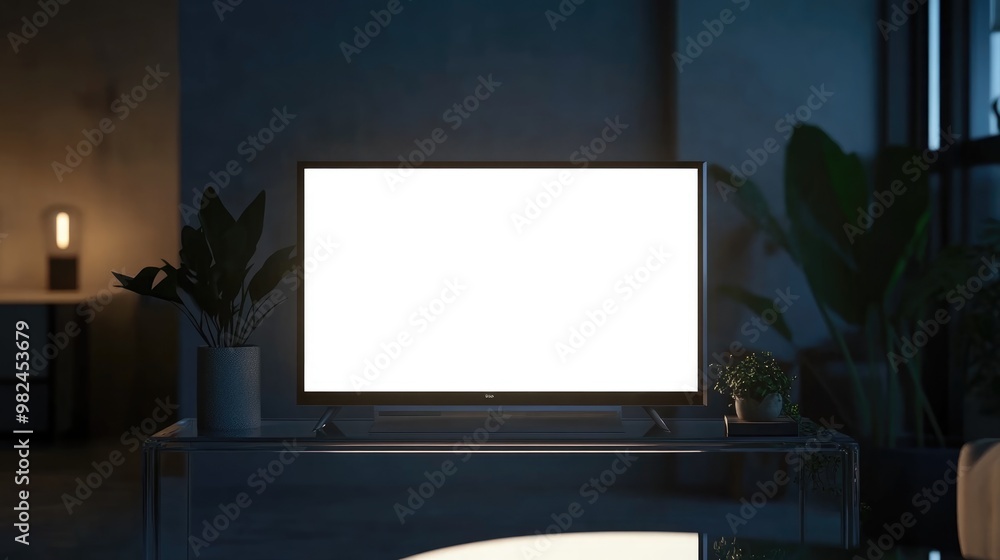 Poster blank white television screen mockup in a dark interior front view 3d rendering empty plasma display