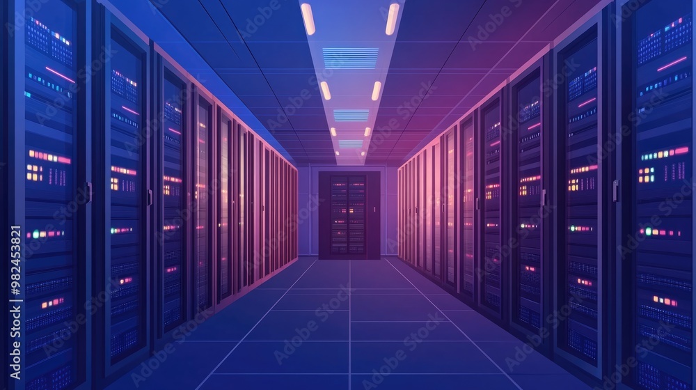 Poster server cabinets in a data center concept of data storage and cloud storage flat style banner design
