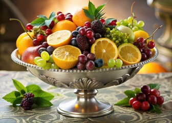 Elegant fruit centerpiece features fresh grapes, berries, and citrus slices arranged artfully in a silver bowl, exuding a burst of freshness and vibrancy.