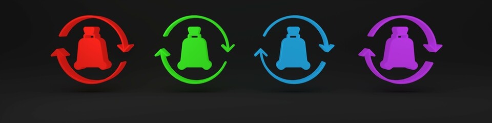 Obraz premium Colorful Garbage bag with recycle symbol icon isolated on black background. Trash can icon. Recycle basket sign. Minimalism concept. 3D render illustration