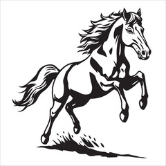 Obraz premium Horse running on the grass, black and white vector illustration.