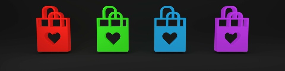 Obraz premium Colorful Shopping bag with heart icon isolated on black background. Shopping bag shop love like heart icon. Happy Valentines day. Minimalism concept. 3D render illustration