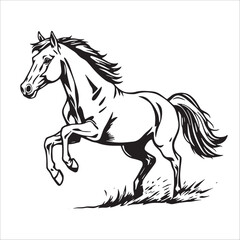 Obraz premium Horse running on the grass, black and white vector illustration.