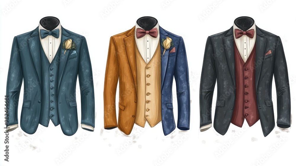 Wall mural Illustration of a wedding groom s suit in various colors