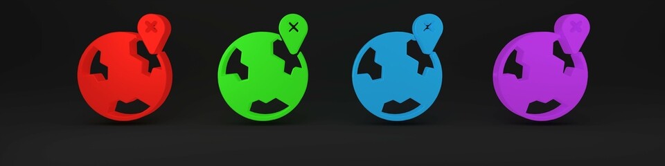 Colorful Location on the globe icon isolated on black background. World or Earth sign. Minimalism concept. 3D render illustration