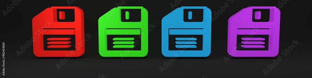 Poster colorful floppy disk for computer data storage icon isolated on black background. diskette sign. min