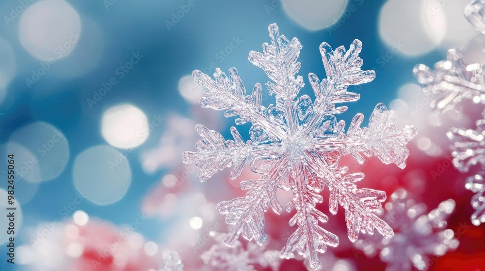 Poster a beautiful close-up of a snowflake, showcasing its intricate patterns against a dreamy, blurred win