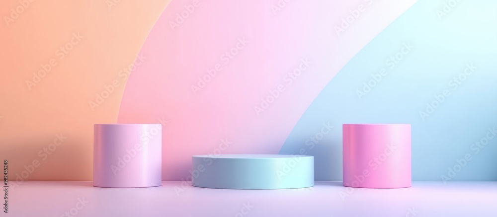Poster 3d rendered cylinder podium on the floor with geometric platforms for product display featuring an a