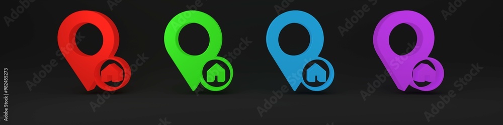Poster colorful map pointer with house icon isolated on black background. home location marker symbol. mini