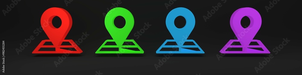 Poster colorful folded map with location marker icon isolated on black background. minimalism concept. 3d r