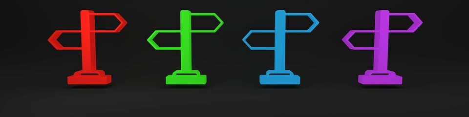 Colorful Road traffic sign. Signpost icon isolated on black background. Pointer symbol. Isolated street information sign. Direction sign. Minimalism concept. 3D render illustration