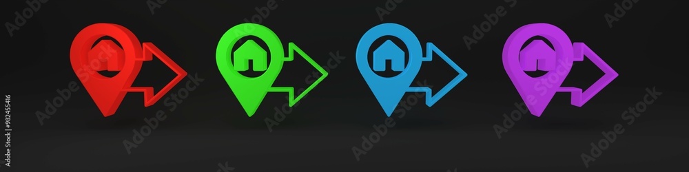 Poster colorful map pointer with house icon isolated on black background. home location marker symbol. mini