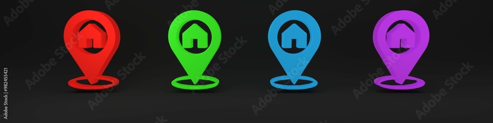 Poster colorful map pointer with house icon isolated on black background. home location marker symbol. mini