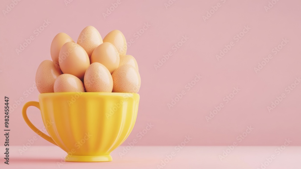 Poster chicken eggs placed in a yellow cup on a table featuring a pink background with ample copy space hig
