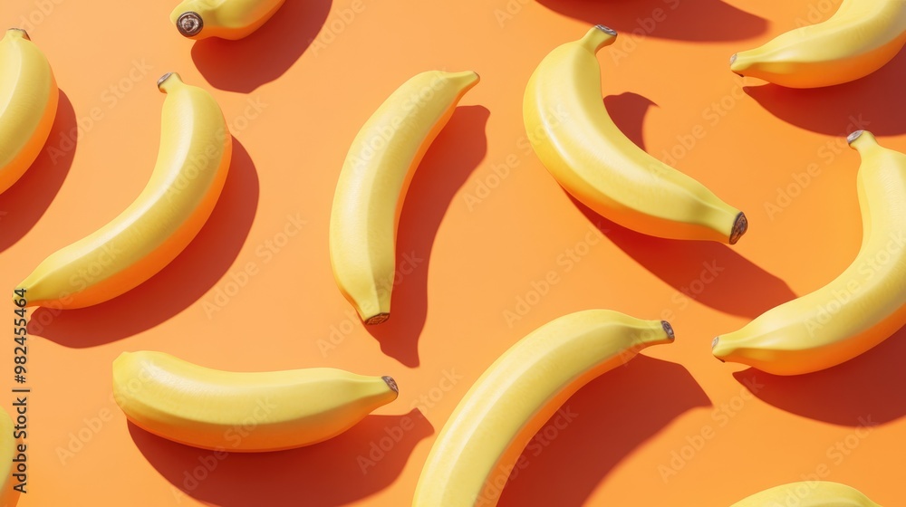 Poster cluster of bananas on an orange backdrop aerial perspective arranged in a diagonal pattern 3d render