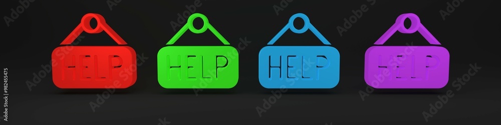 Poster colorful signboard with text help icon isolated on black background. minimalism concept. 3d render i