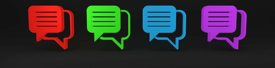Colorful Speech bubble chat icon isolated on black background. Message icon. Communication or comment chat symbol. Minimalism concept. 3D render illustration