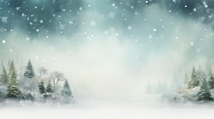 Naklejka premium Christmas background, Winter snow scene with pine trees and falling snowflakes.