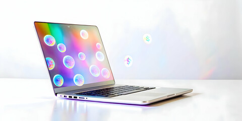 Flat Holographic Laptop on Glossy White Surface with Floating Demand & Payment Icons | Ideal Copy Space for Modern Business Content