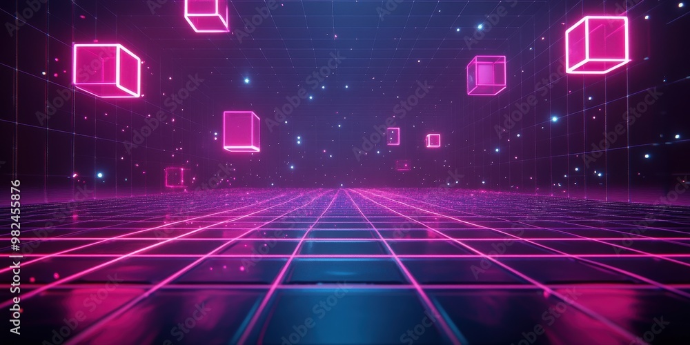 Poster futuristic neon grid with floating cubes in space