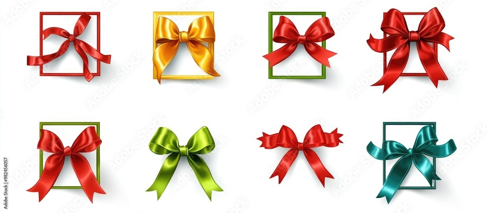 Poster multicolored frames set in irregular square shapes featuring twisted ribbons and bows holiday themed