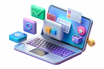 3D Holographic Laptop Display with Floating Demand and Payment Icons on Glossy Surface - Perfect for Tech, Business, and Financial Content