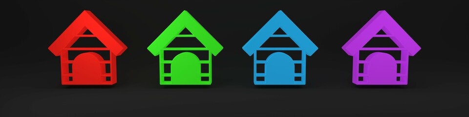 Colorful Dog house icon isolated on black background. Dog kennel. Minimalism concept. 3D render illustration
