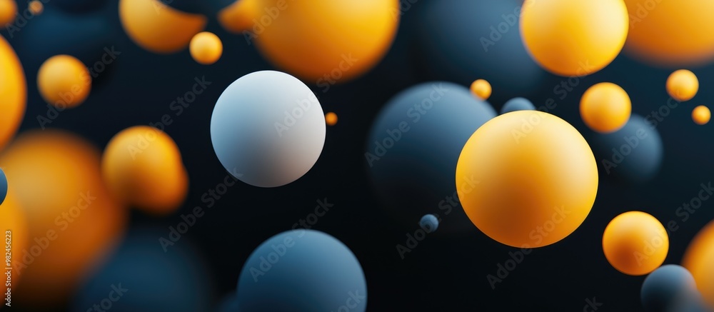 Poster 3d rendering of a minimalistic fashion themed backdrop featuring yellow spherical forms against a da