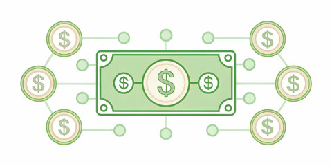 Obraz premium Flat Levitating Dollar Bill Surrounded by Payment Icons: A Simple Vector Illustration for Financial Transactions & Banking Concepts