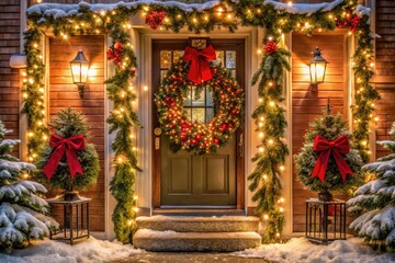 Fototapeta premium Festive entrance radiates warmth with a wreath of fresh greenery, flowing garland, and delicate ribbon, sparkling with twinkling lights that dance in the evening breeze.
