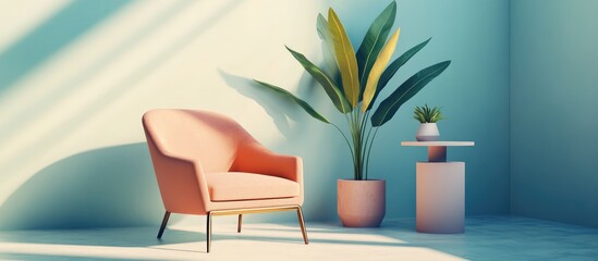 Fototapeta premium Modern interior featuring an armchair a plant and a table showcasing furniture design in a 3D illustration