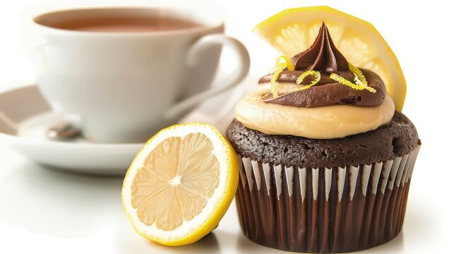 A chocolate cupcake with lemon zest frosting and a thin lemon slice on top, beside a cup of tea. isolated on white background. 