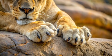 Naklejka premium Extended claws of a lion's paw splayed out on a rocky outcropping, the fur around the joints ruffled,