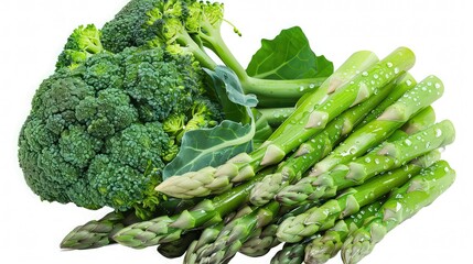 A close-up of dew-kissed broccoli crowns and asparagus spears, highlighting their fresh, vibrant green hues. isolated on white background. 
