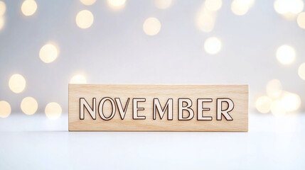 November typography written with wooden letter - new month bokeh background. 