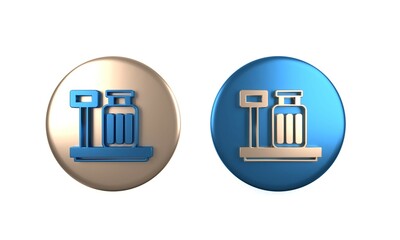 Colorful Scale with suitcase icon isolated on white background. Logistic and delivery. Weight of delivery package on a scale. Circle button. 3D render illustration