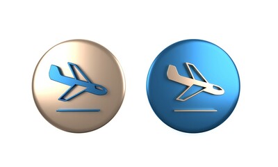 Colorful Plane landing icon isolated on white background. Airplane transport symbol. Circle button. 3D render illustration