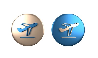 Colorful Plane takeoff icon isolated on white background. Airplane transport symbol. Circle button. 3D render illustration