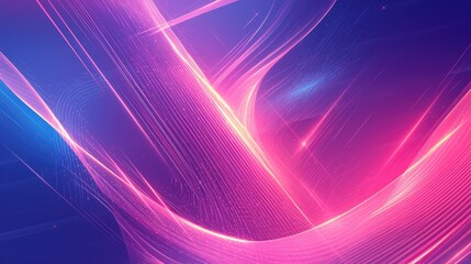 Abstract neon colored technological banner featuring curved metal stripes illuminated by laser beams set against a backdrop of overlapping wavy shapes with glare and glow Vector design