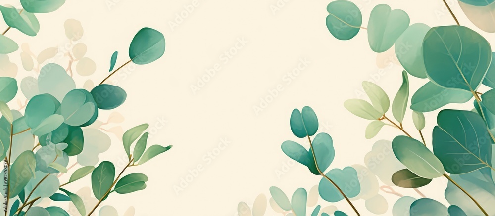 Poster eucalyptus branches and leaves arranged in a frame on a beige pastel background captured from above 